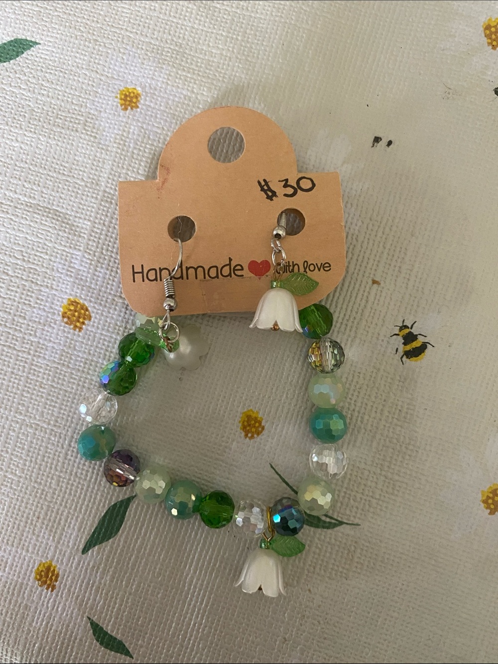Handmade Green and White Beaded Kids Bracelet with Flower Charms